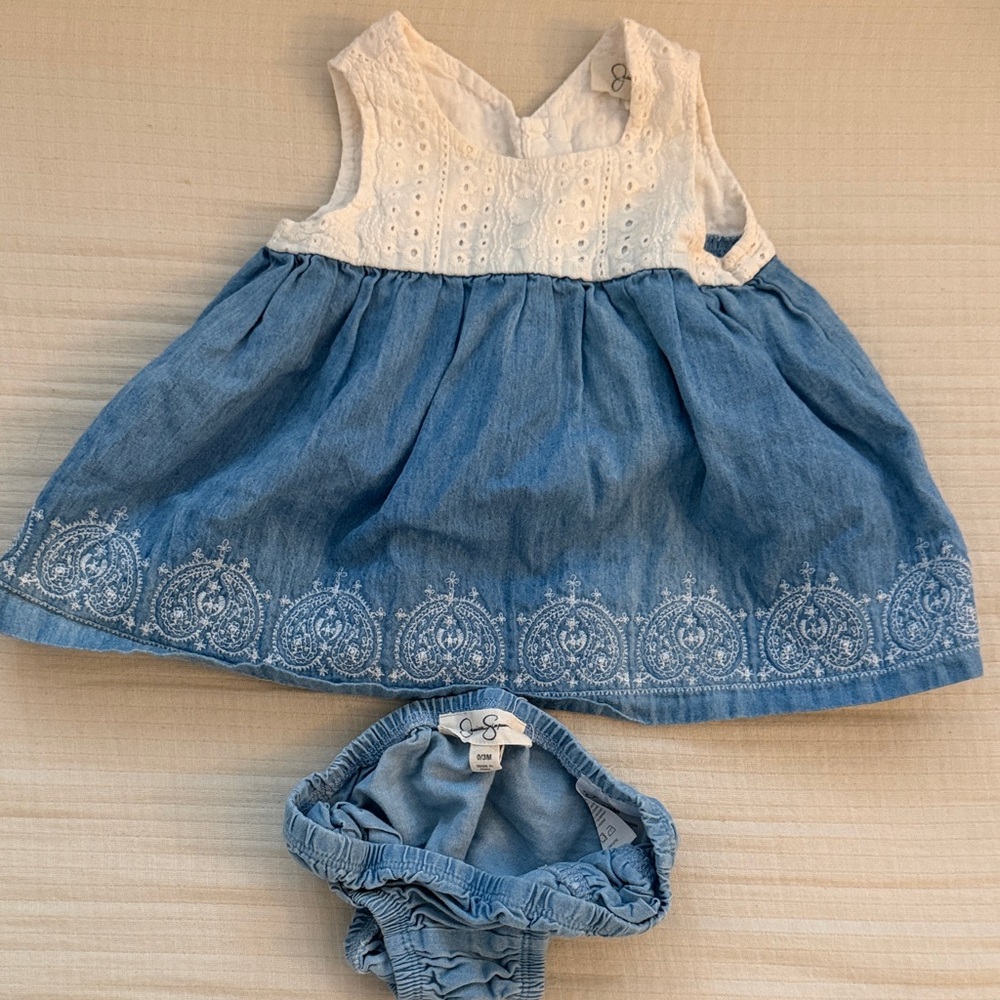 Jessica Simpson White and Light Blue Embroidered Denim Dress with Bloomer